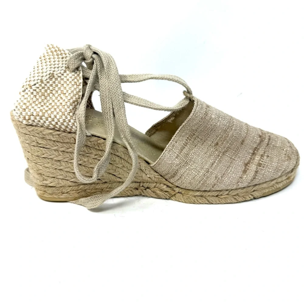 Andre Assous Lennon Espadrille Wedge Sandals 9.5 Woven Luxury Boho Beige Tie‎